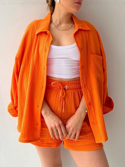 Long-sleeved Shirt And High-waisted Drawstring Shorts Casual Two-piece Set