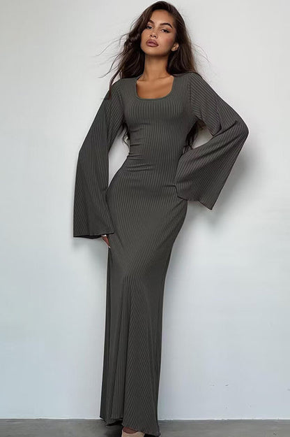 Ribbed Knit Scoop Neck Bell Sleeve Bodycon Maxi Dress