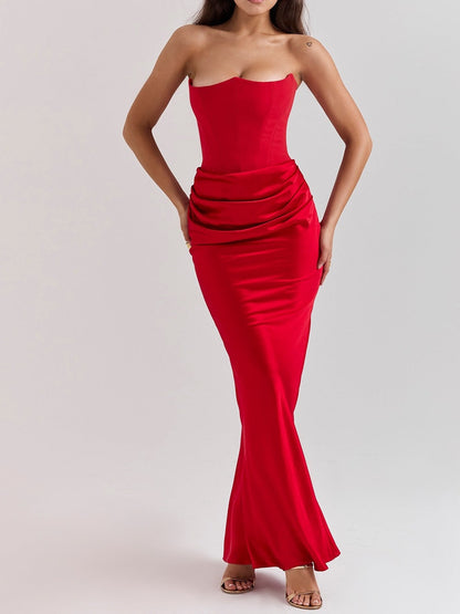 Satin Belted Strapless Off-the-shoulder Fishbone Pleated Long Bodycon Dress