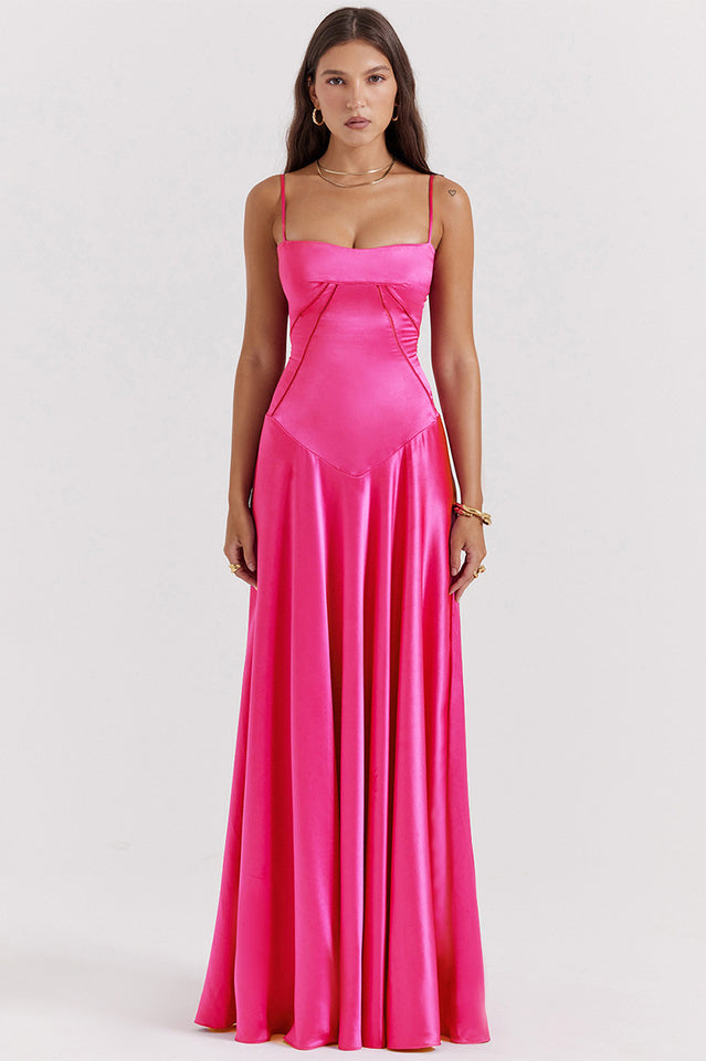 Satin Corset Bustier Spaghetti Strap Basque Waist A-Line Maxi Gown