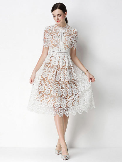 Hollow-out Water-soluble Lace Midi Dress