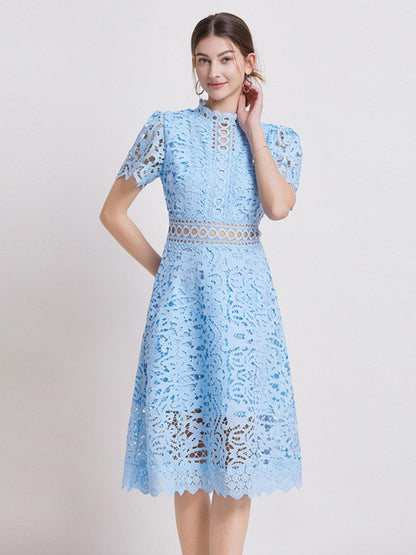Lace Waist-cinching Hollow-out Midi Dress
