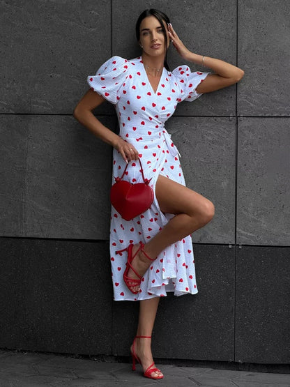 Pure Cotton Bandage Wrap-up Puff Sleeve Printed Comfort Maxi Dresses