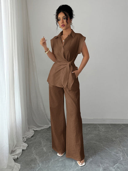 Lapel Sleeveless Kink Shirts Wide-leg Pants Business Suit 2-piece Sets