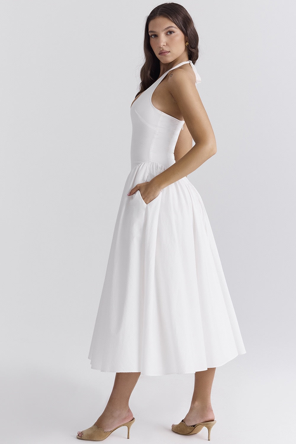 Halter Plunge V-Neck Dropped Waist Gathered Full Skirt Pocket Midi Dress