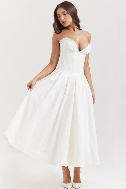 Strapless Deep Plunge Corset Boned Pleated A-Line Midi Dress