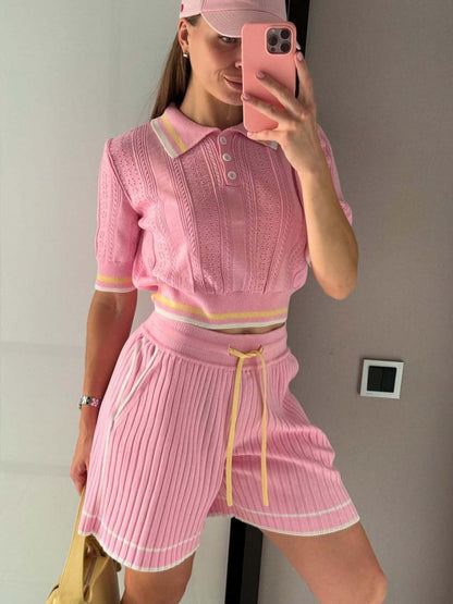 Academic Style Lapel Ice Silk Short Cardigan Color-blocked Drawstring Shorts Set 2-piece Sets