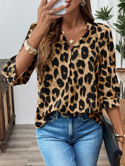 Three-quarter Sleeve Collar Leopard Print T-shirts