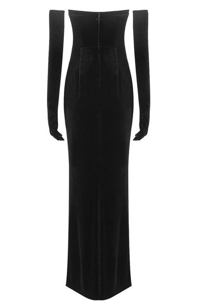 Strapless Sweetheart Rhinestone Trim Velvet Maxi Gown with Draped Satin Overskirt