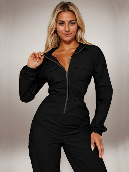 Flap Pocket Long Sleeve Waist Zipper Jumpsuits