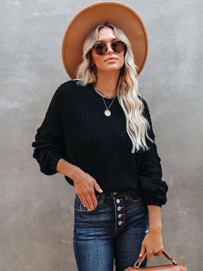 Solid Color Knit Pullover Sweater With Bubble Sleeve For Women 2026