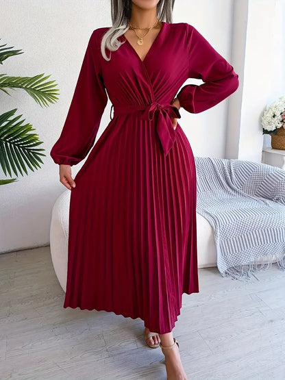Wrap V-Neck Bishop Sleeve Belted Accordion Pleat Maxi Dress