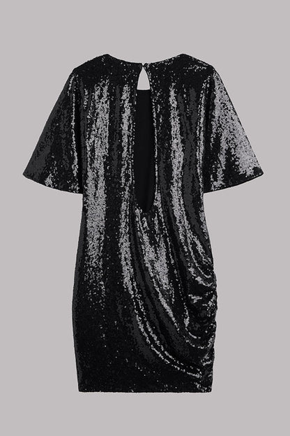 Countdown Celebration Sequin Short Bell Sleeve Open Back Ruched Mini Dress