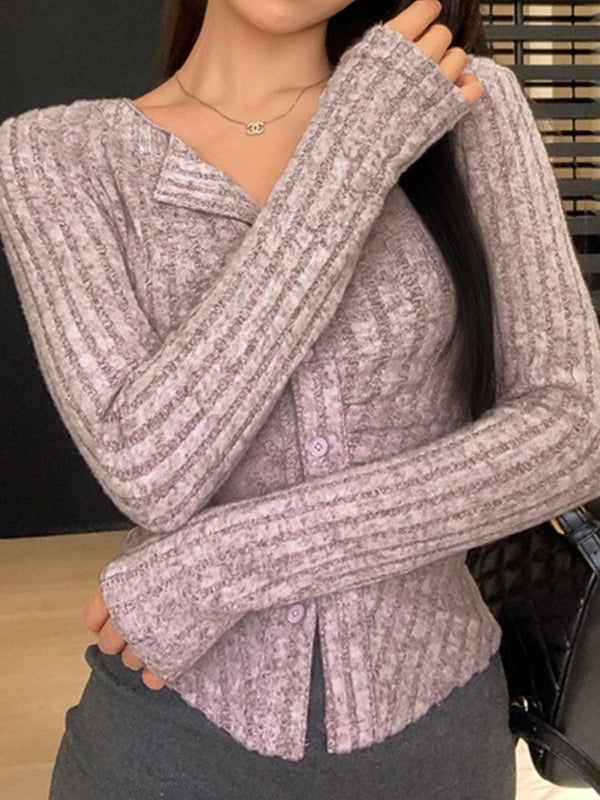 Lapel Neck Ruched Slim Long Sleeve Knit