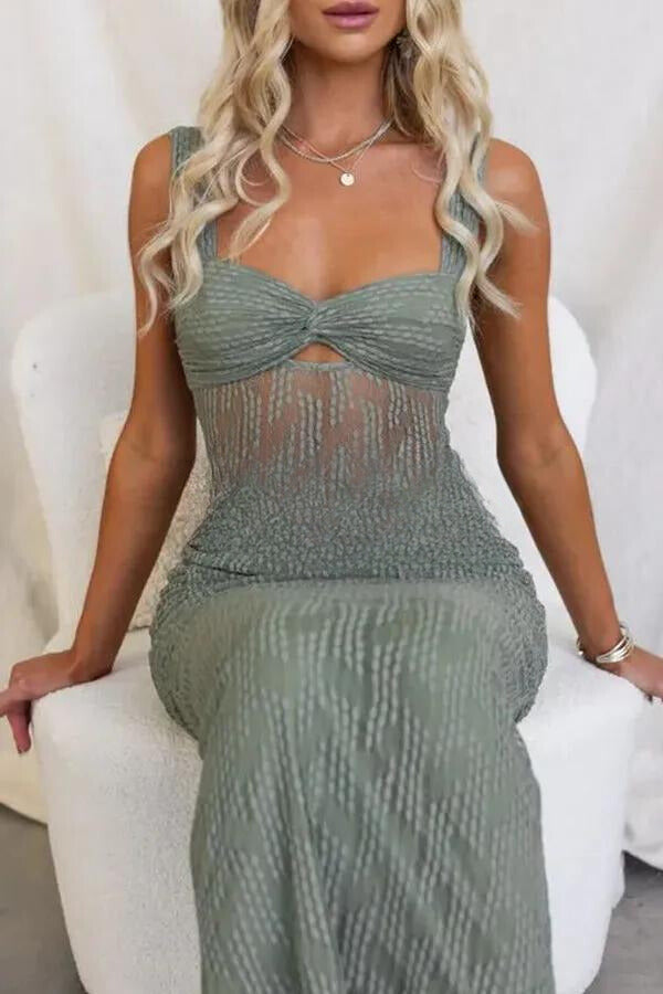 Ruched Sweetheart Spaghetti Strap Mesh Panel Keyhole Cutout Bodycon Maxi Dress