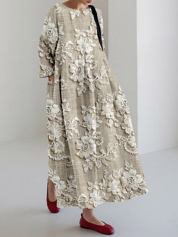 Oversized Floral Embroidery Round Neck Three Quarter Sleeve Pocket Maxi Dress