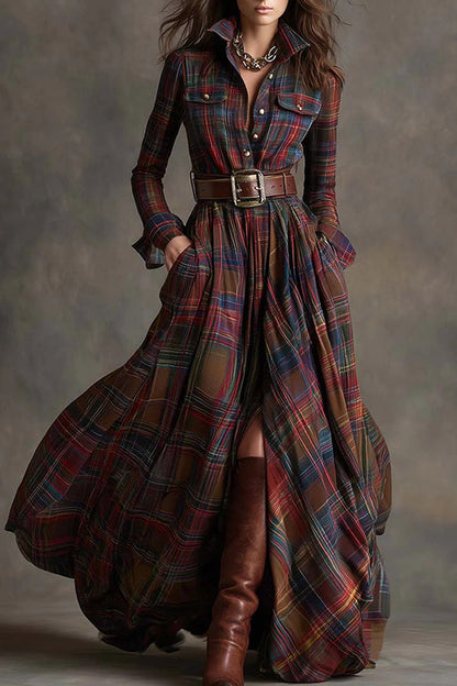 Retro Plaid Print Lapel Long-sleeved Pocket Maxi Dress