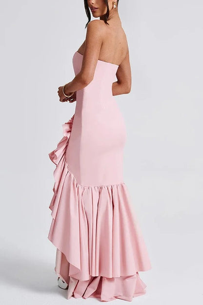 Strapless Ruched Hip Cascade Tiered Ruffle High-Low Maxi Gown