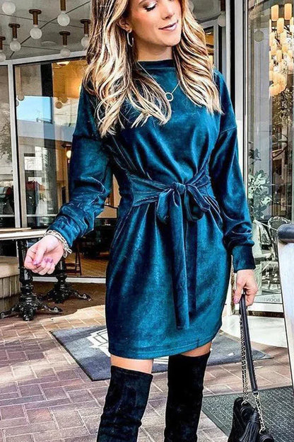 Crew Neck Tie Front Knot Crushed Velvet Long Sleeve Mini Dress