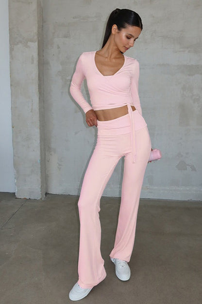 | Solid Tie High-rise Flared Two Piece Set