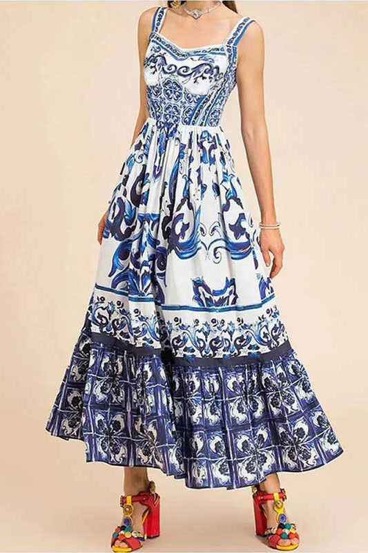 Mediterranean Print Sweetheart Neck Tiered Flounce Hem Maxi Dress