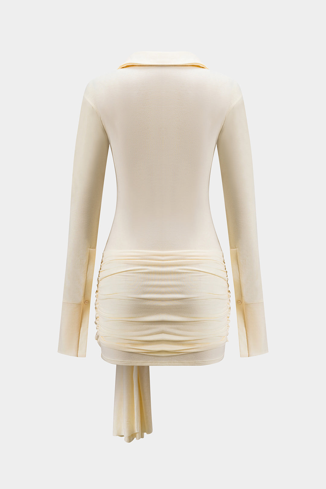 Collared Button Front Long Sleeve Ruched Waist Knot Draped Panel Shirt Mini Dress
