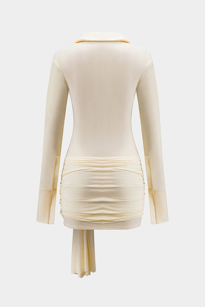 Collared Button Front Long Sleeve Ruched Waist Knot Draped Panel Shirt Mini Dress