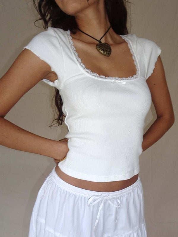 Lace Trim Square Neck Short Sleeve Knit