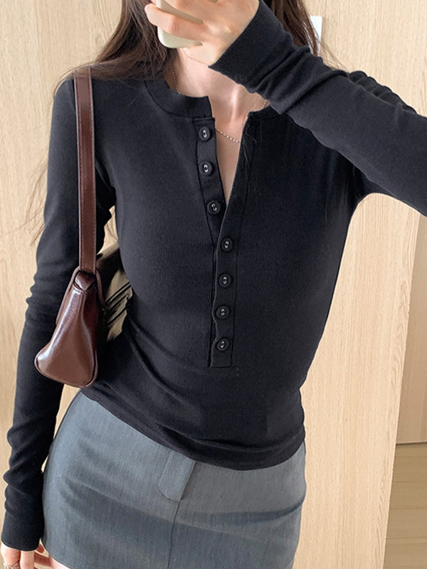 Solid Breasted Slim Long Sleeve Knit
