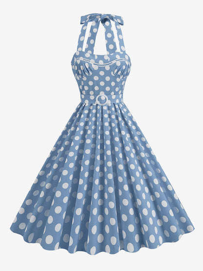 Dress Dot Halter Belted Ring Detail Retro Midi Dress