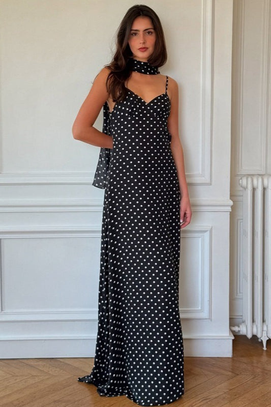 | Polka Dot V Neck Backless Maxi Dress