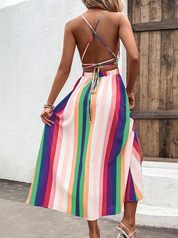 Loose Sleeveless Contrast Color Striped Spaghetti-Neck Midi Dresses