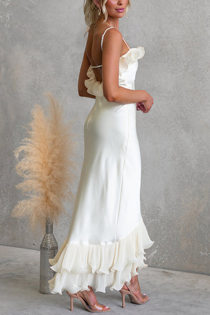 Bella Satin Pleated Chiffon Ruffle Details Slip Maxi Dress