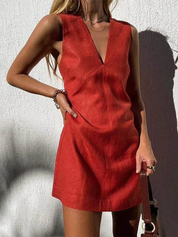 Lazy Style V Cotton Linen Sleeveless Midi Dress