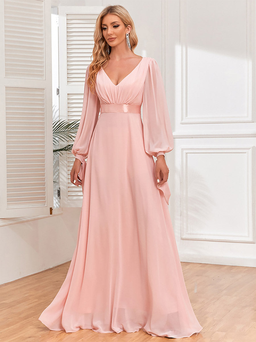 Cocktail Dress Lantern Sleeves V-Neck Backless Pleated Maxi Dresses