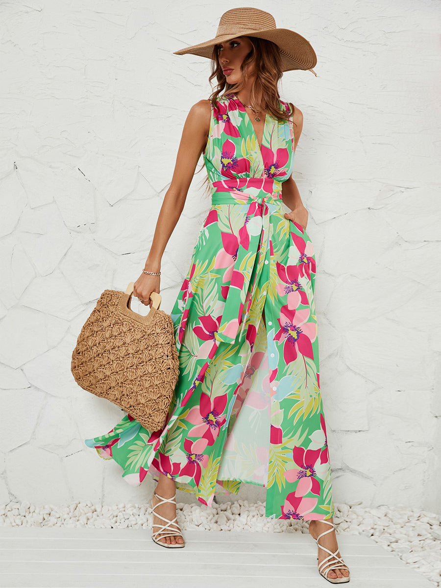 Maxi Dress Allover Floral V-Neck Belted Sleeveless Asymmetrical Long Dresses