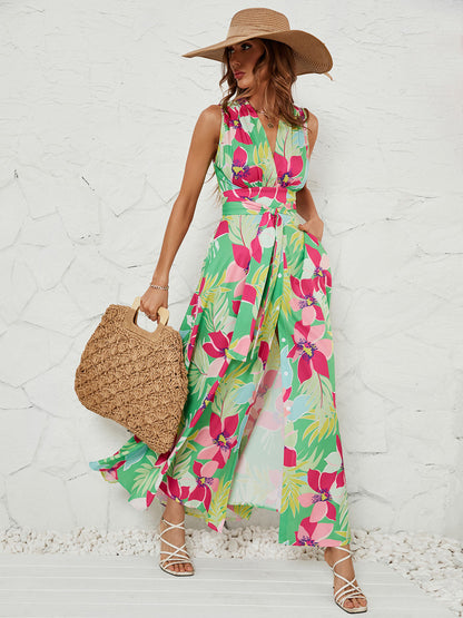 Maxi Dress Allover Floral V-Neck Belted Sleeveless Asymmetrical Long Dresses