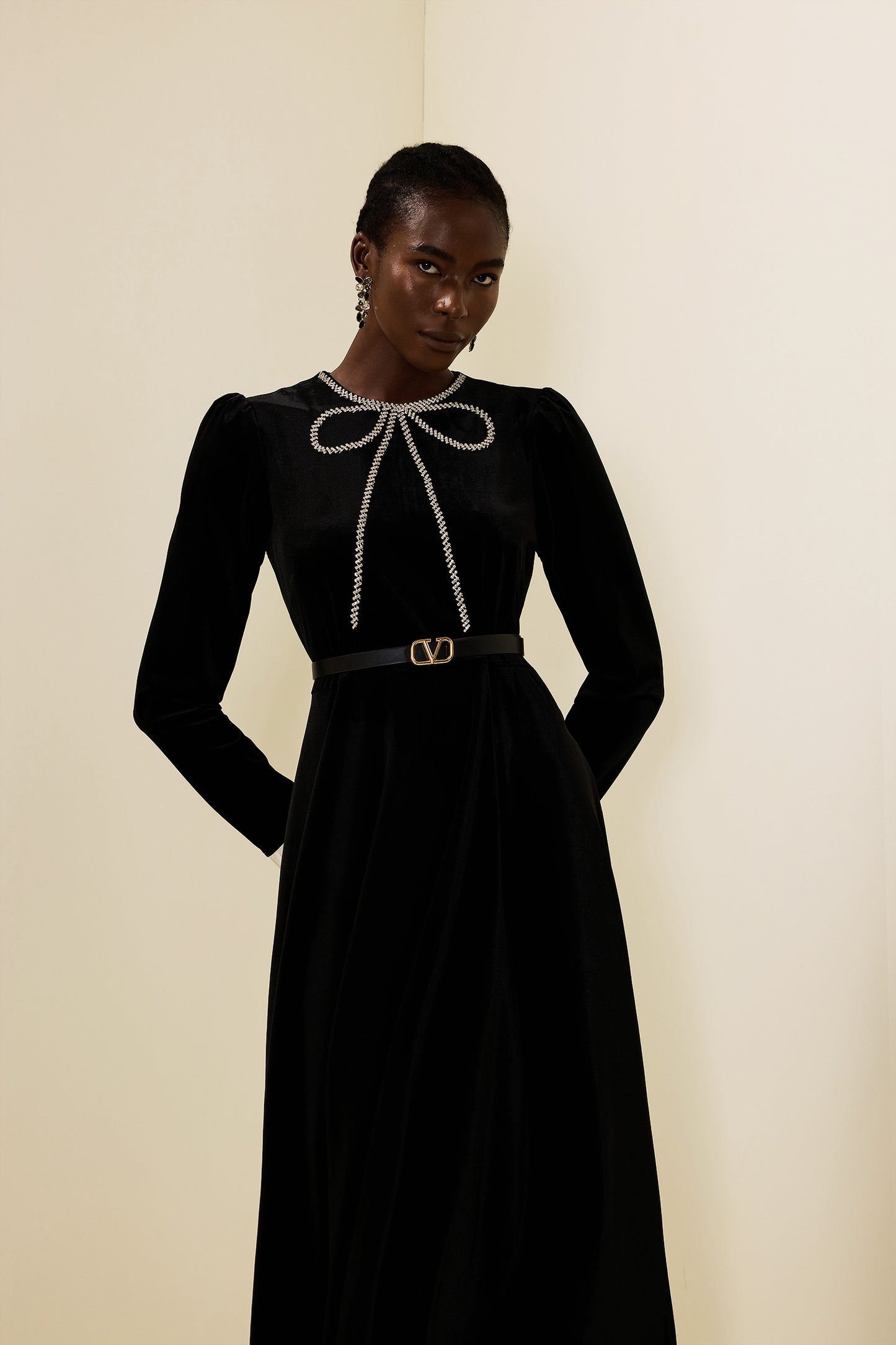 Velvet Rhinestone Bow Midi Dress