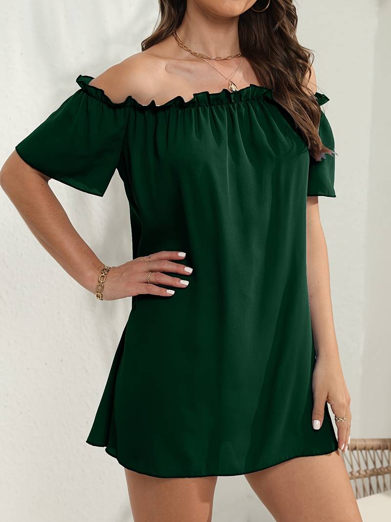 Off Shoulder Ruffle Trim Flutter Sleeve Shift Mini Dress