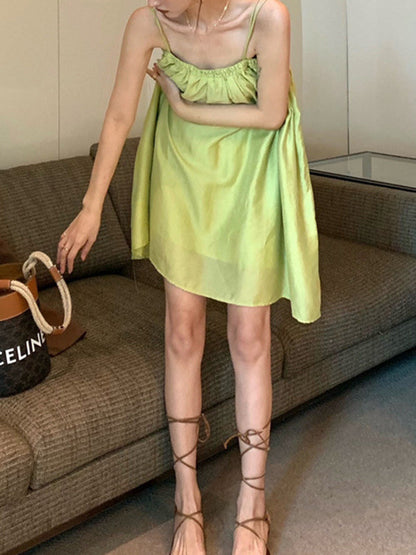 Loose Sleeveless Pleated Solid Color Spaghetti-Neck Mini Dresses Slip Dress