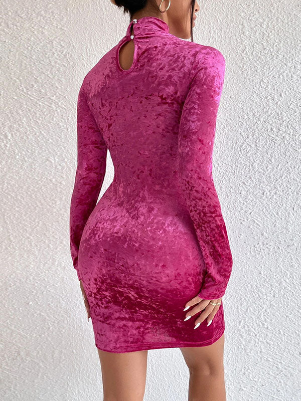 High Waisted Long Sleeves Hollow Solid Color Mock Neck Mini Dresses