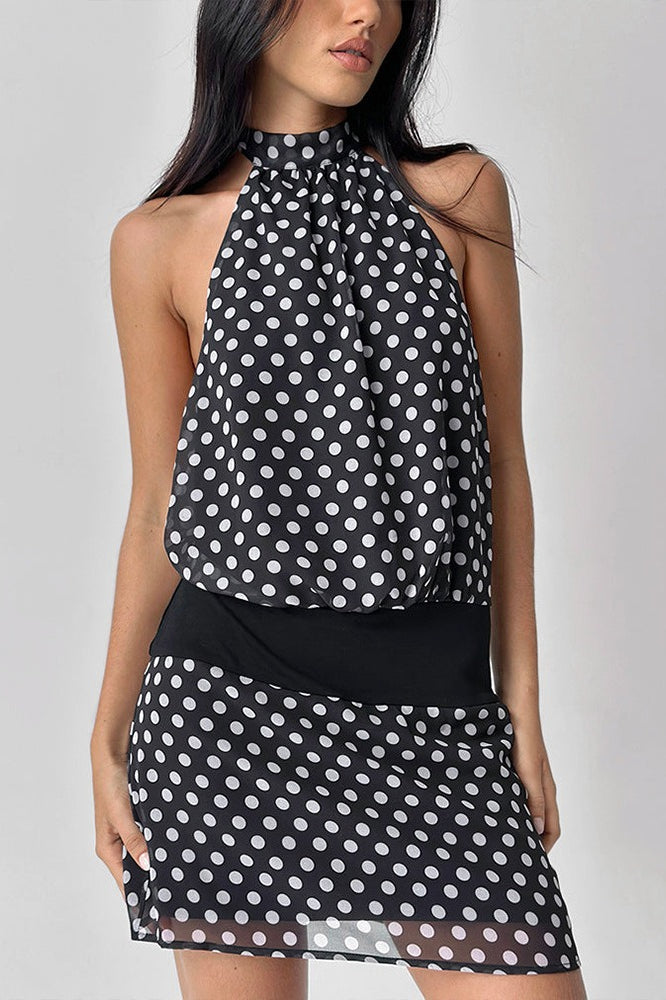 Polka Dot Chiffon Halter Mini Dress