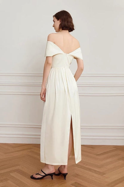 Off the Shoulder Foldover Neckline Pleated A-Line Floor Length Maxi Dress