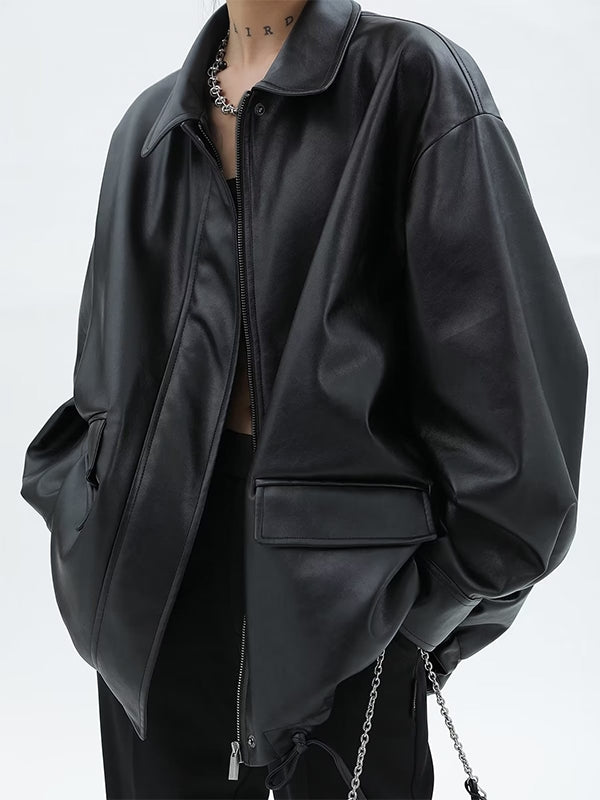 Vintage Lapel Neck Zip Up Motorcycle Leather Jacket