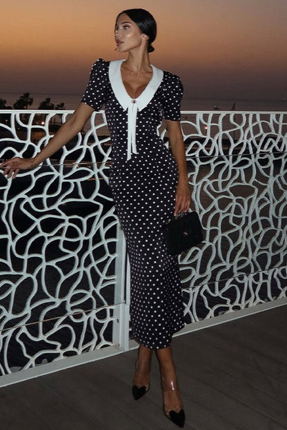 Polka Dot Puff Sleeve Contrast Collar Brooch Tie Bodycon Midi Dress