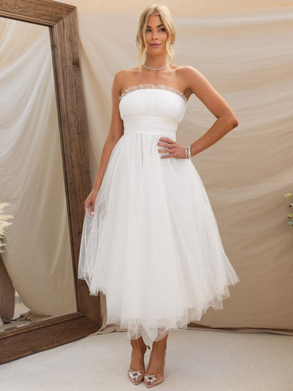 Tulle Dresses Strapless Pleated Off The Shoulder Layered Prom Midi Dress