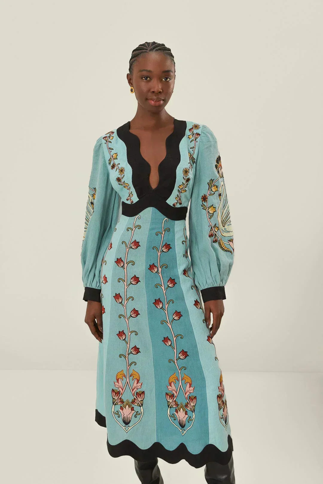 Floral Swan Print Scalloped Trim Deep V-Neck Puff Sleeve Paneled Midi Dress