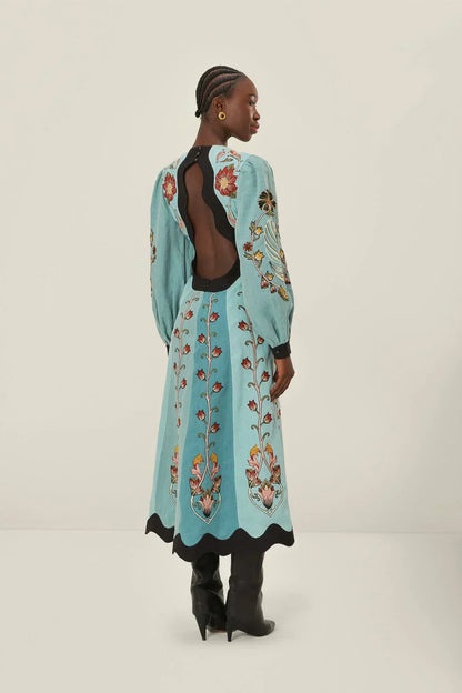 Floral Swan Print Scalloped Trim Deep V-Neck Puff Sleeve Paneled Midi Dress
