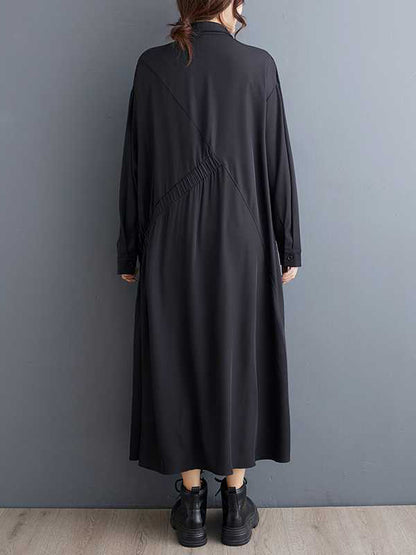 A-Line Long Sleeves Asymmetric Buttoned Elasticity Pleated Pockets Solid Color Lapel Midi Dresses Shirt Dress
