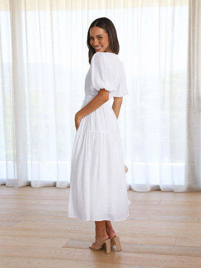 KIMONA SMOCKED SHORT SLEEVE MAXI DRESS - WHITE